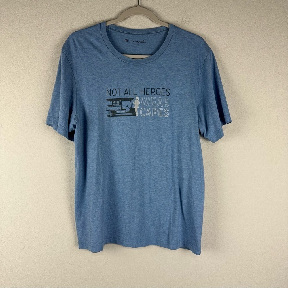 Travis Mathew Blue Not All Heroes Wear Capes Golf Cart Short Sleeve Shirt Large